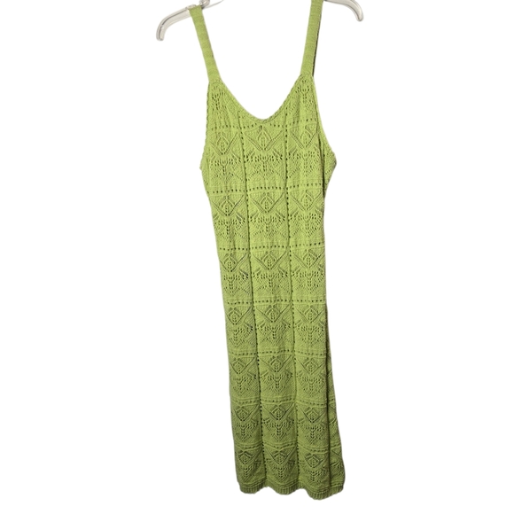 Freshman 1996 Lime Green Crochet Knit Boho V Neck Maxi Tank Dress Semi Sheer M - Picture 4 of 15